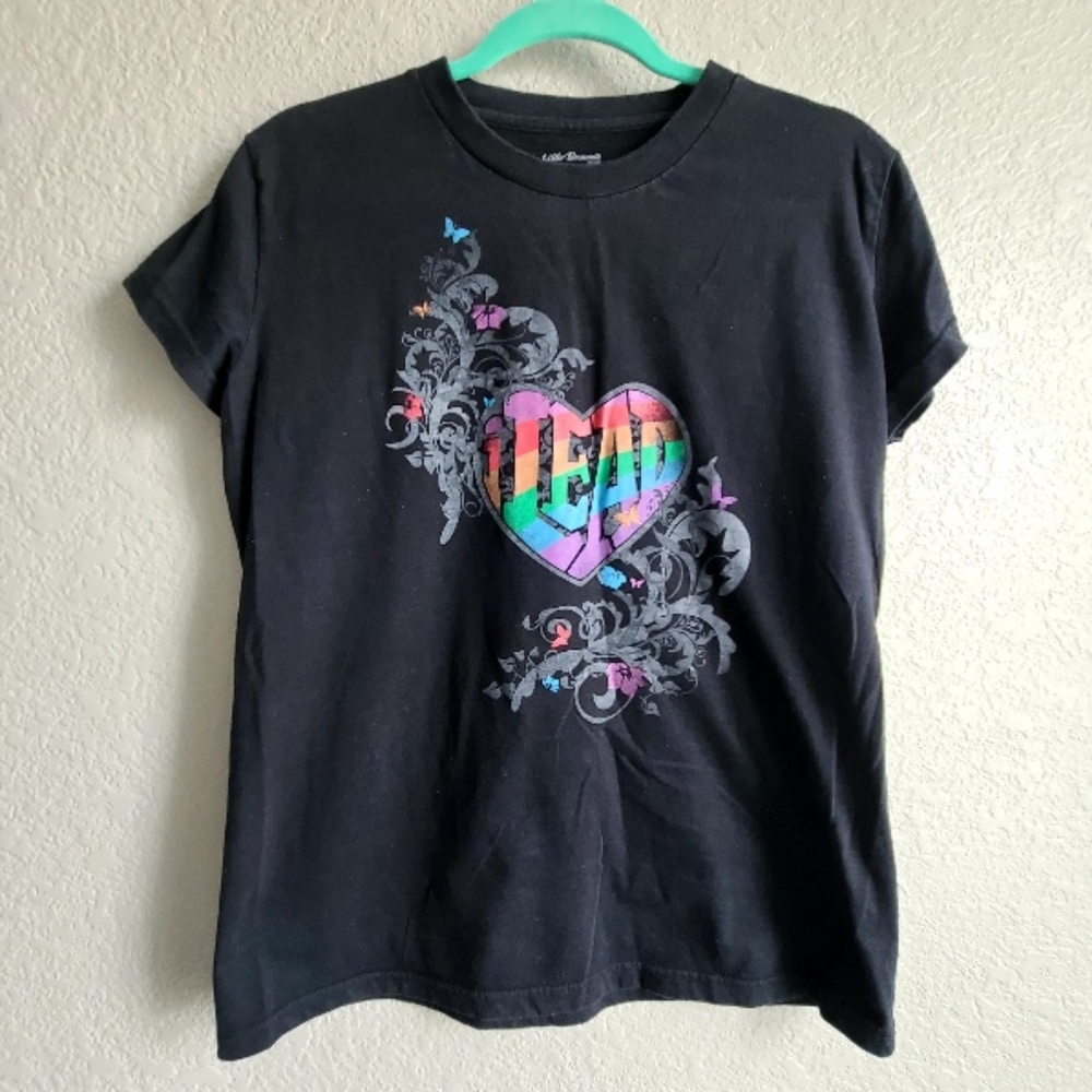 Girl Scout Little Brownie Originals black tee, "I lead" in Rainbow letters